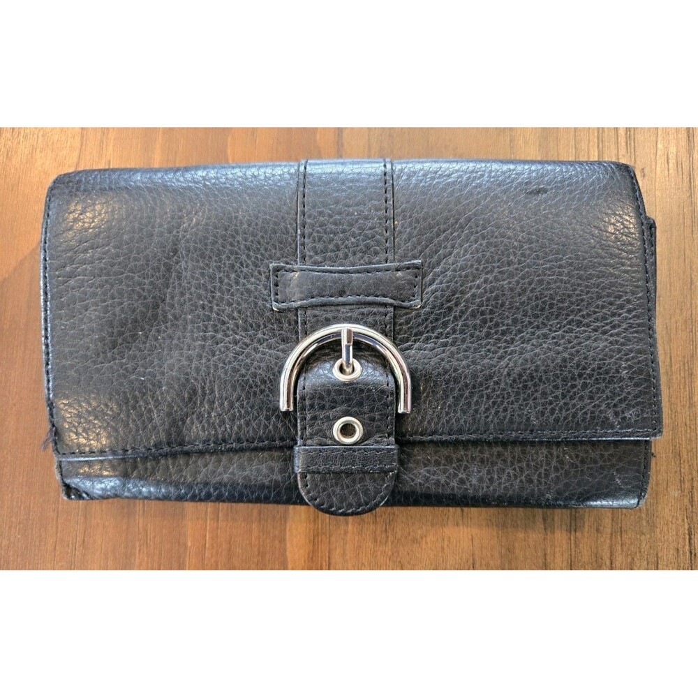 vintage Talbots black pebbled leather accordion clutch wallet Silver Hardware